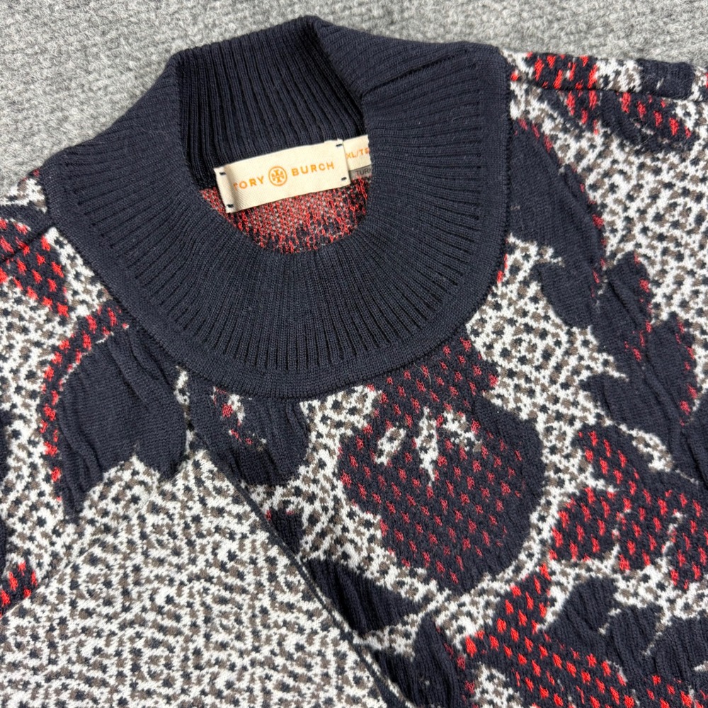 Tory Burch Sweater XL Multi Floral Wool Blend Mock Neck Pullover Womens